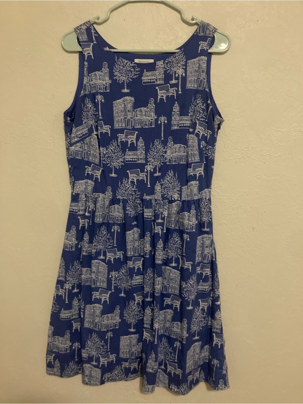 Garnet Hill Blue Scenic Print Sleeveless Day Dress